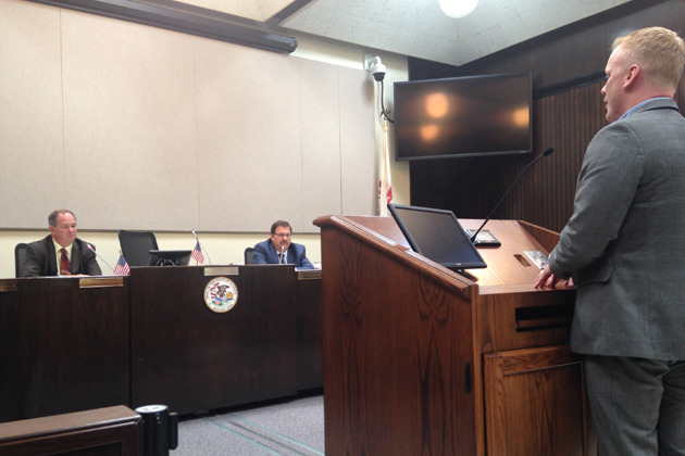 Connect Transit General Manager Andrew Johnson addresses IDOT transportation secretary Randy Blankenhorn and ISU Chief of Staff Jay Groves during IDOT's "Listening Tour" Thursday at the Bloomington City Council. (Joe Ragusa/WJBC)