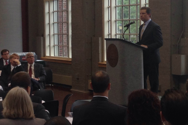 Kyle Ham, CEO of the Bloomington-Normal Economic Development Council, speaks during the 17th Annual Economic Outlook for McLean County at Illinois Wesleyan University Thursday morning. (Joe Ragusa/WJBC)