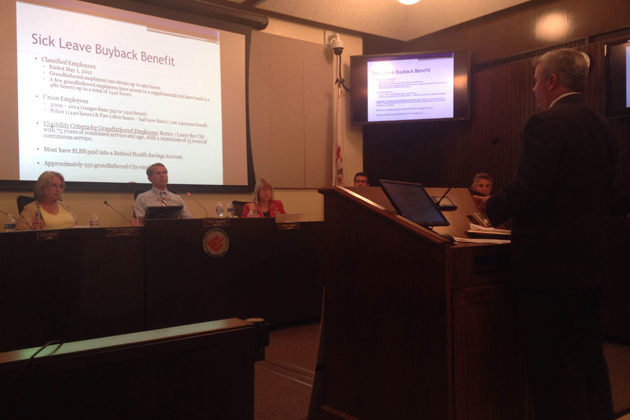 Bloomington City Attorney Jeff Jurgens presents a proposal to change the sick leave buyback program for IMRF employees. (Joe Ragusa/WJBC)