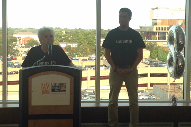 United Way of McLean County fundraising co-chairmen Sonja Reece and Scott Preston discuss this year's fundraising campaign at Hancock Stadium Thursday. (Joe Ragusa/WJBC)