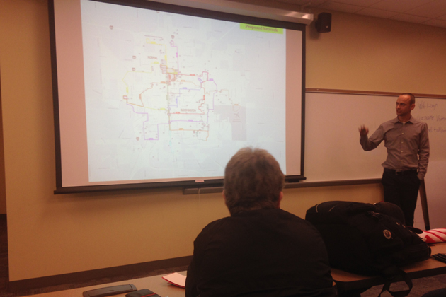 Consultant Boris Palchik with Nelson/Nygaard presents his proposal for new Connect Transit routes Thursday at Heartland Community College. (Joe Ragusa/WJBC)
