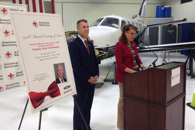 Evening of Stars event co-chairs Steve and Christel Denault announce next year's headliner, Capt. Chesley "Sully" Sullenberger. (Joe Ragusa/WJBC)