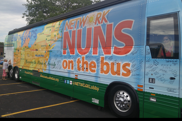 NETWORK Nuns on the Bus stopped in Bloomington Tuesday afternoon. (Carie Kuehn/WJBC)