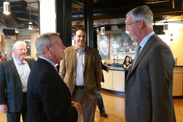 U.S. Sen. Dick Durbin (left) spoke on the Illinois Wesleyan campus this week. (Adam Studzinski/WJBC)