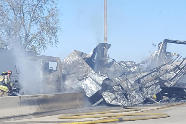 Traffic is snarled in both directions of I-55 & 74 due to a truck fire. (WJBC photo/Scott McCoy)