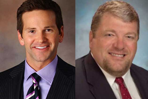 Foremer U.S. Rep. Aaron Schock (left) and former McLean County Board Chairman Matt Sorensen were both charged in federal court in 2016. (WJBC file photos)