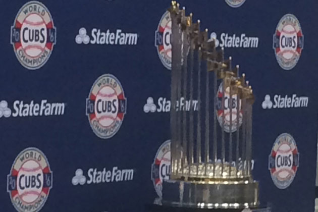 More than 500 Cubs' fans turned out to get a look and picture with the World Series trophy Wednesday at the Shirk Center. (WJBC/Bryan Bloodworth)