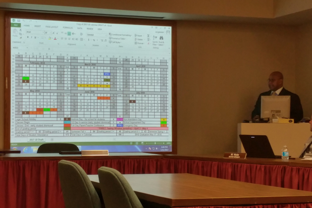 Dr. Herschel Hannah presents the first draft of the 2017-2018 school year calendar. (Photo by Patrick Baron/WJBC)